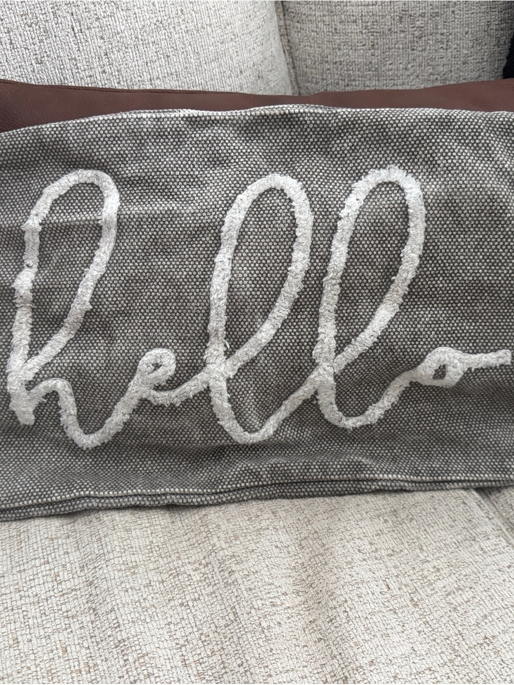 Gray "Hello" Accent Pillow Cover - Neutral Home Accent